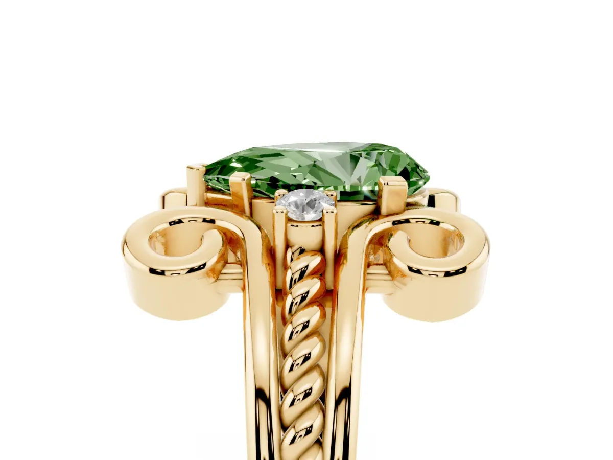 Fancy Green Pear Cut Solitaire Twisted Band Scroll Prong Ring Yellow gold