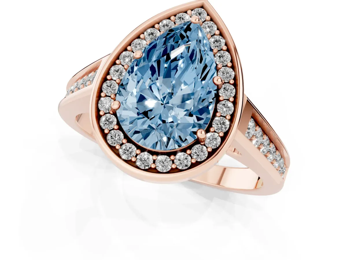 Fancy Blue Pear Cut Halo Solitaire Diamond Ring with Pave Band and Bezel Setting Rose gold