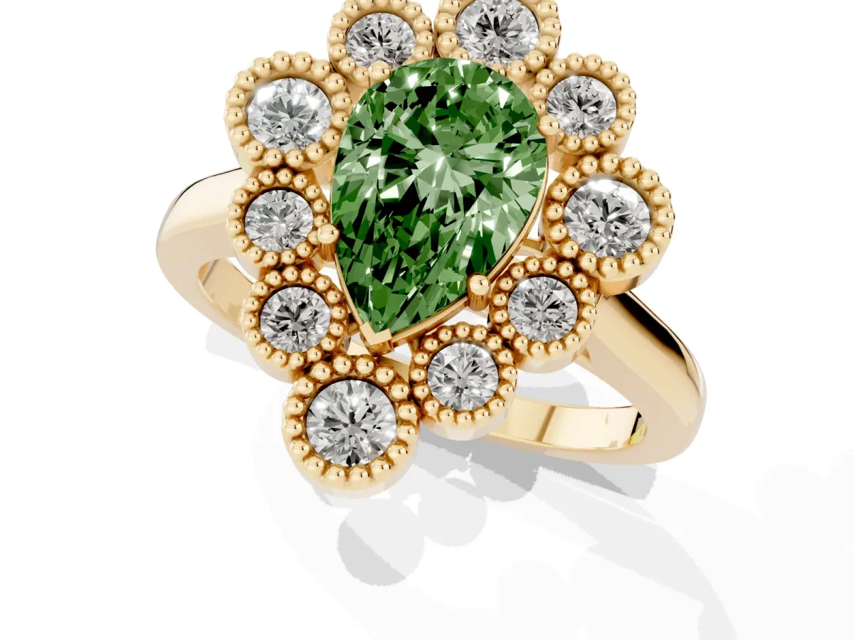 Fancy Green Pear Cut Halo Diamond Cluster Engagement Ring with Milgrain Bezel Setting and Solitaire Band Yellow gold