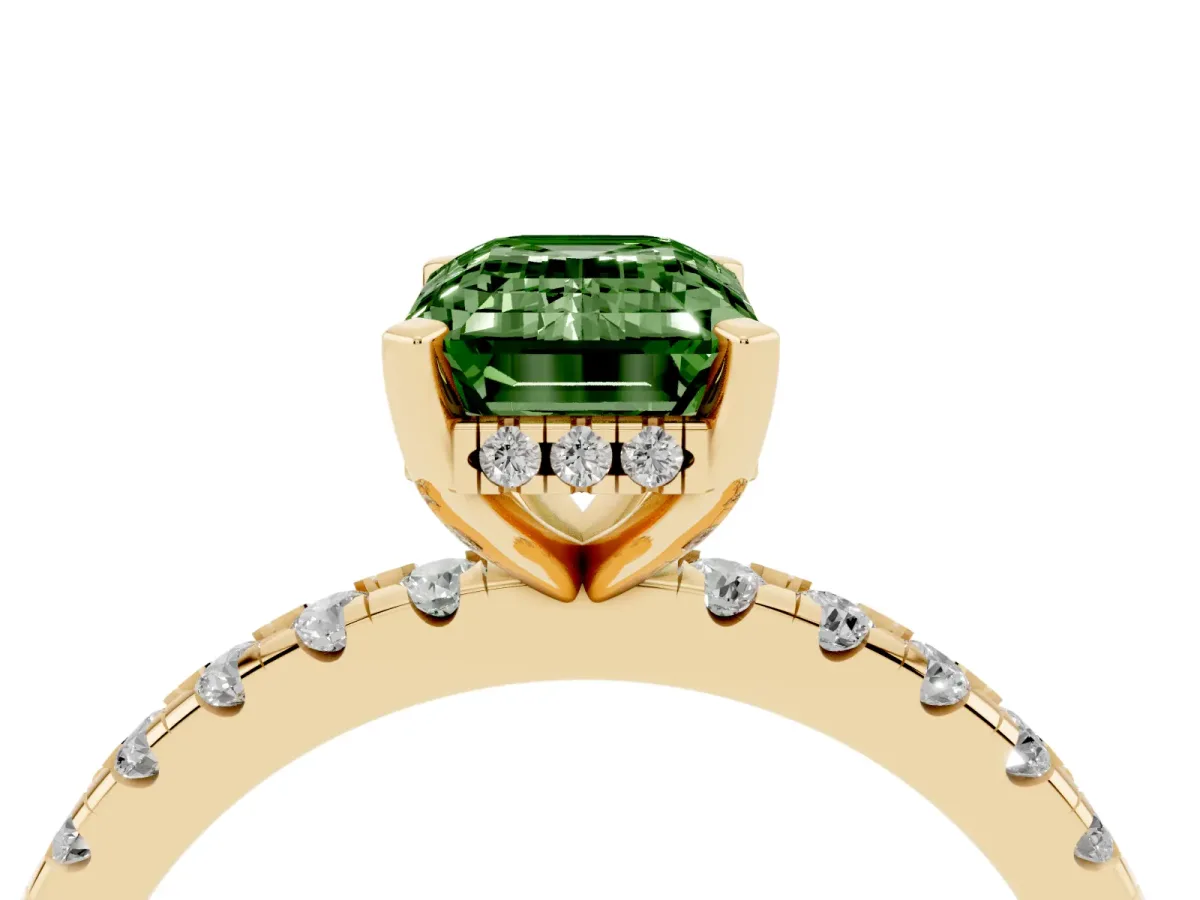 Fancy Green Emerald Cut Diamond Solitaire Ring with Round Pavé Band and Four-Prong Setting Yellow gold