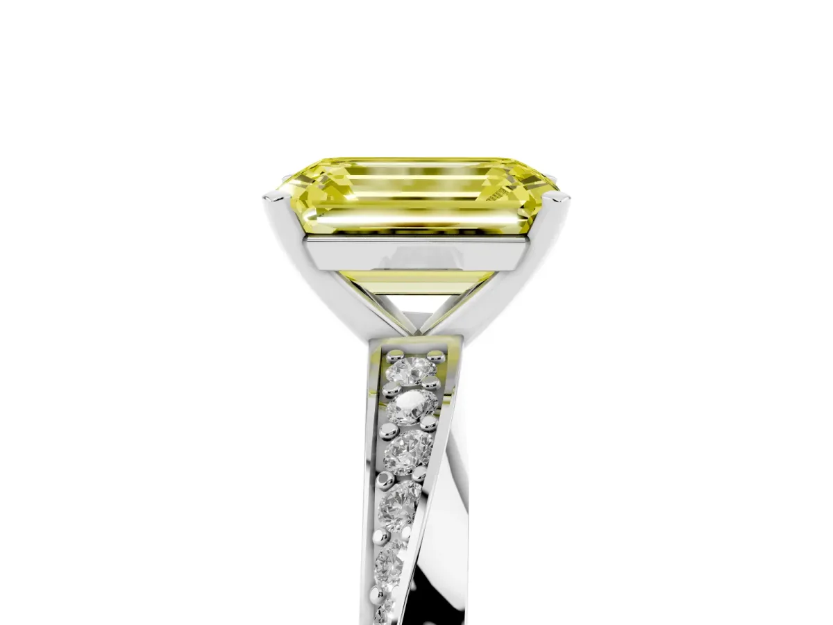 Fancy Yellow Emerald Cut Diamond Engagement Ring with Side Stone Accents and Four-Prong Setting Silver