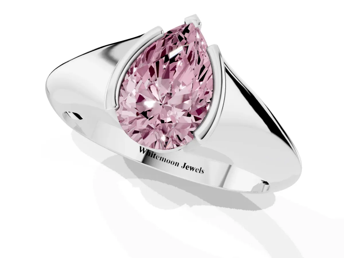 Fancy Pink Pear Cut Solitaire Tension Set Diamond Ring Silver