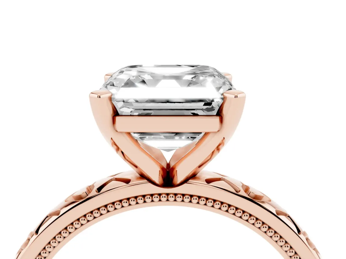 Asscher Cut Solitaire Diamond Engagement Ring with XO Engraved Band and Four-Prong Setting Rose gold