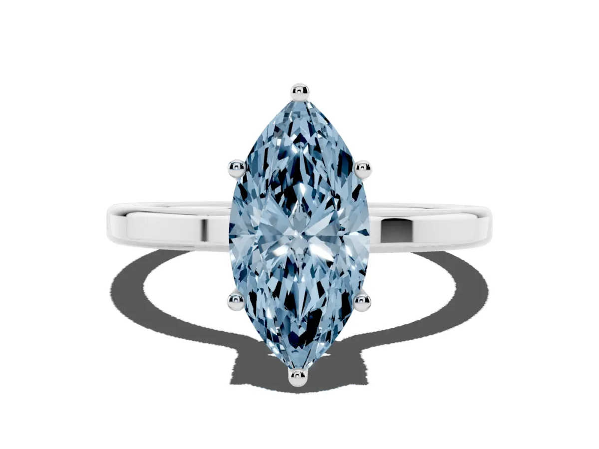 Fancy Blue Marquise Cut Cut Solitaire Engagement Ring with Four-Prong Setting on a Classic Band Silver