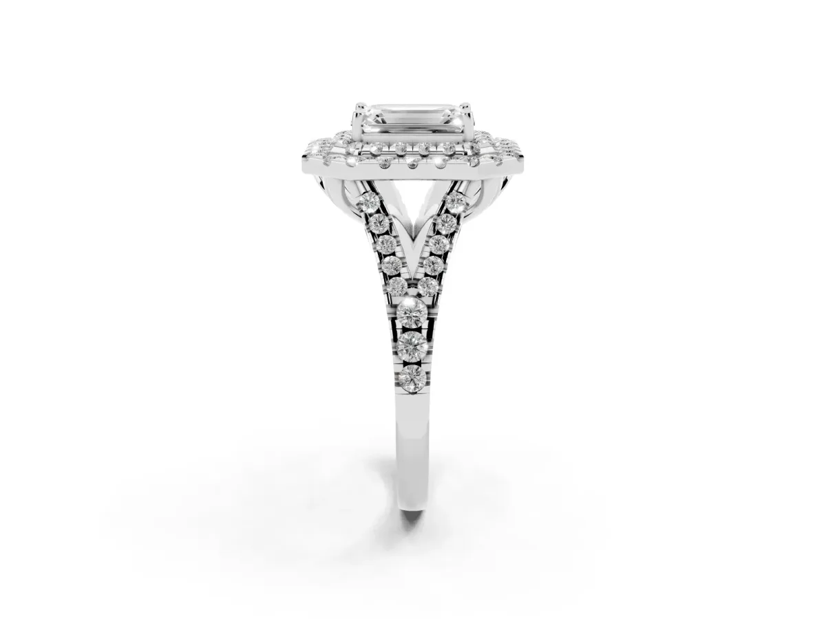 Double Halo Emerald Cut Diamond Pavé Split Shank Ring with Prong Setting White gold