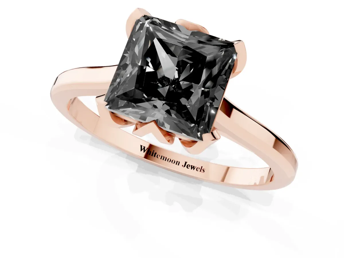 Fancy Black Princess Cut Diamond Solitaire Ring with Flower Prong Setting and Classic Band Rose gold