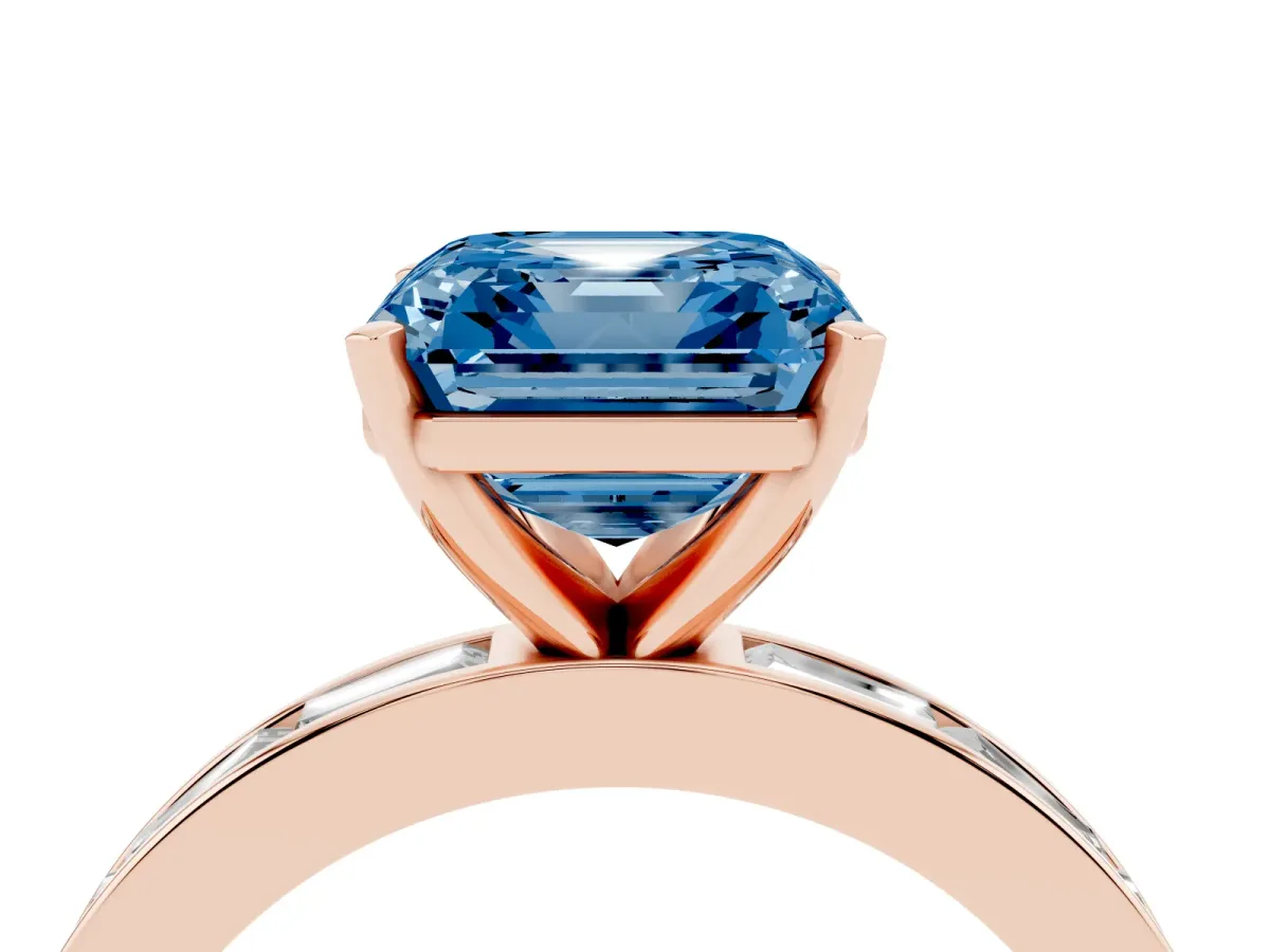 Fancy Blue Asscher Cut Solitaire Diamond Ring with Channel-Set Baguette Band and Four-Prong Setting Rose gold