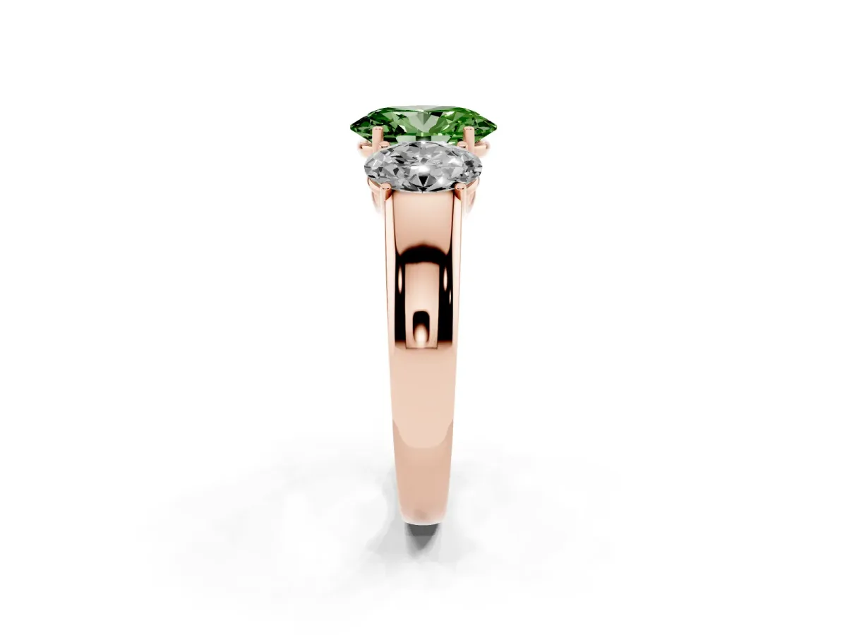 Fancy Green Three-Stone Oval Cut Cut Diamond Ring with Prong Setting and Classic Band Rose gold