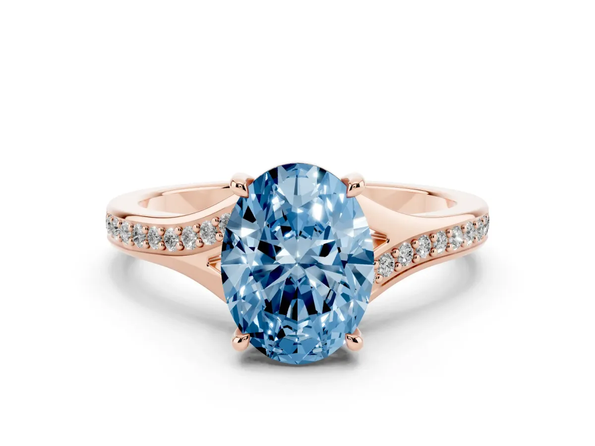 Fancy Blue Oval Cut Diamond Solitaire Ring with Pavé Band and Prong Setting Rose gold