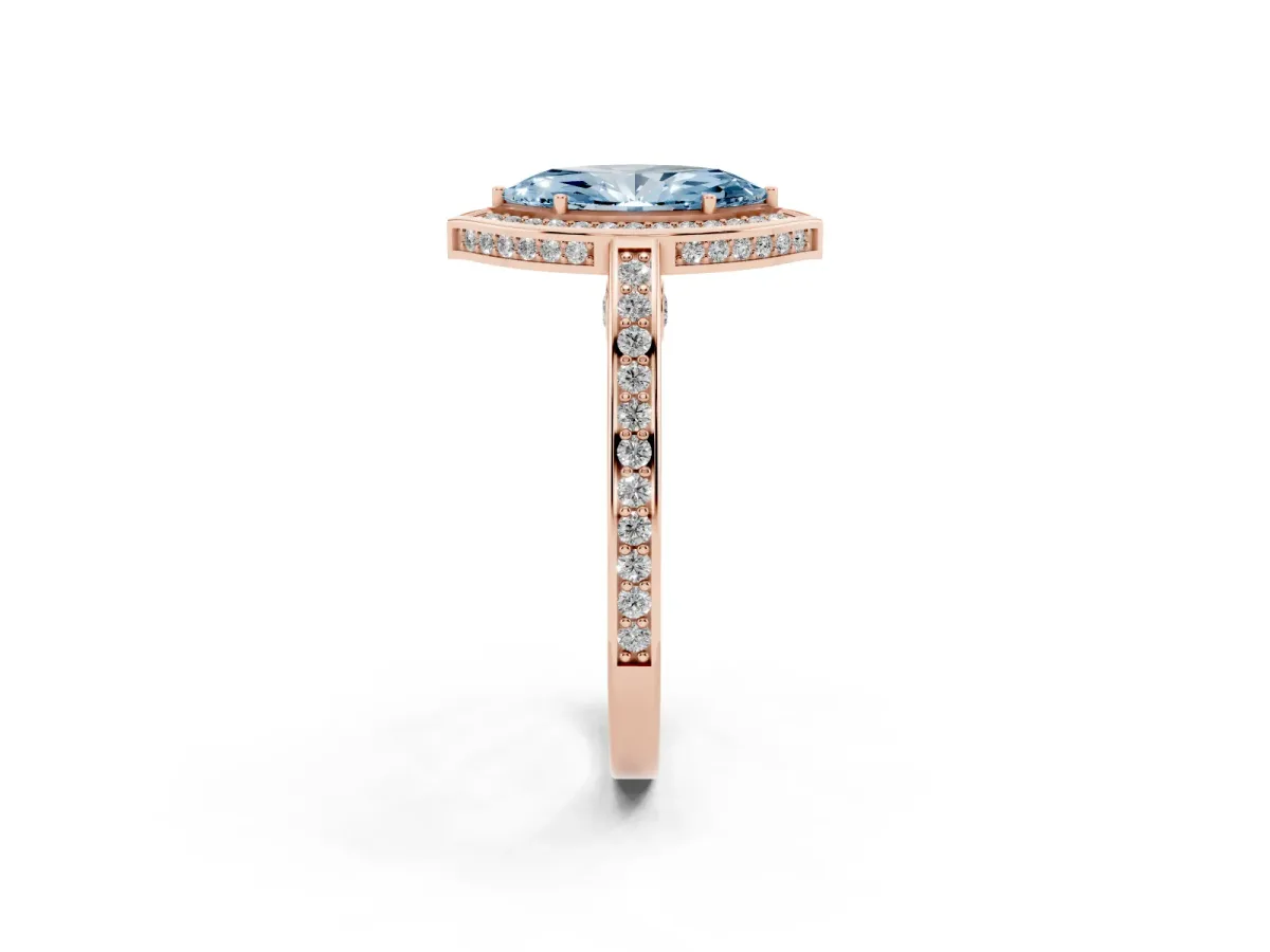 Fancy Blue Marquise Cut Cut Halo Pave Split Shank Prong Setting Ring Rose gold