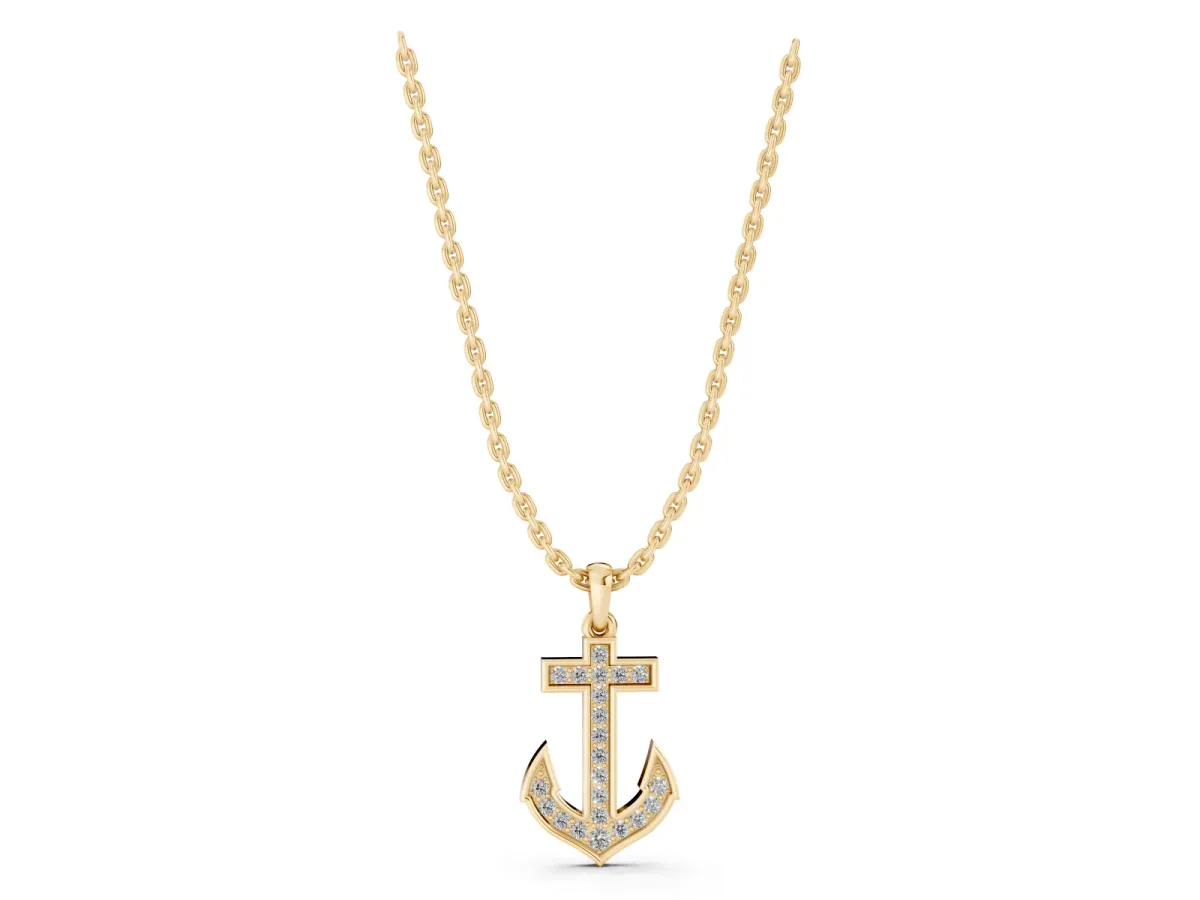 Pavé Round Diamond Anchor Pendant with Four-Prong Setting Yellow gold