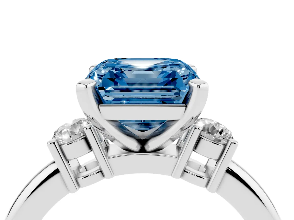 Fancy Blue Three-Stone Princess Cut Cut Diamond Solitaire with Prong Setting and Classic Band White gold