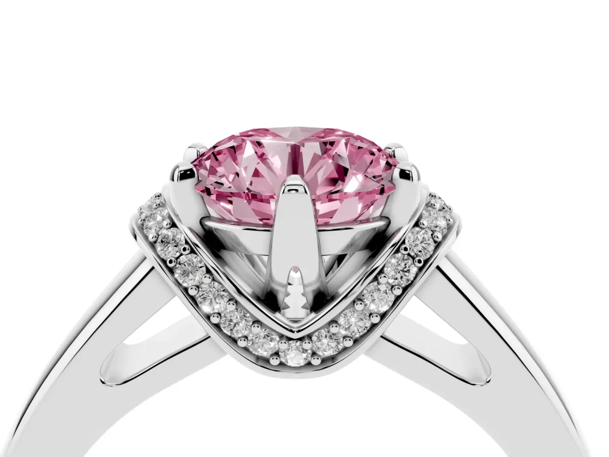 Fancy Pink Round Cut Solitaire Diamond Ring with Pave Band and Six-Prong Setting Silver