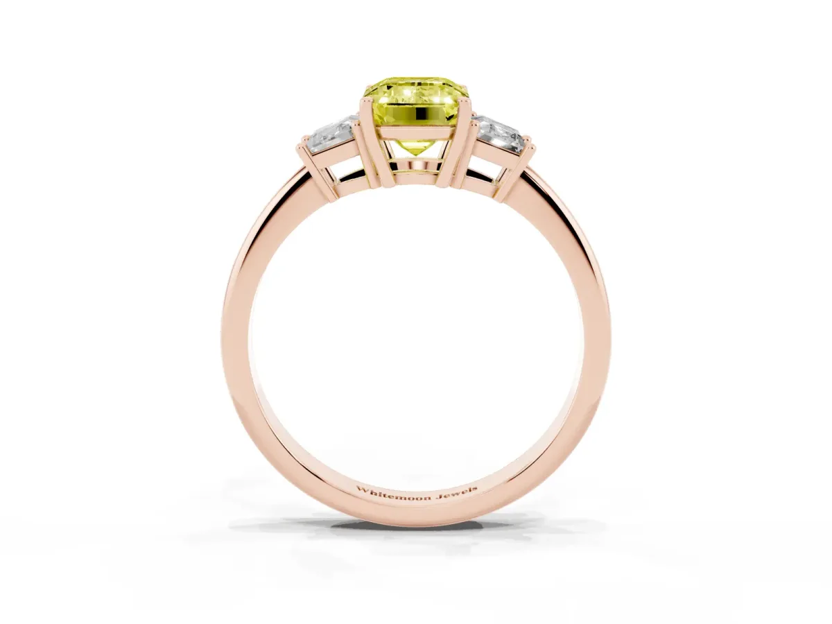 Fancy Yellow Emerald Cut Diamond Three-Stone Ring with Trapezoid Side Stones and Prong Setting Rose gold