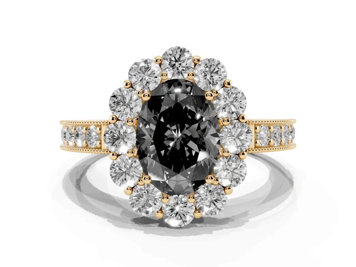 Fancy Black Oval Cut Cut Halo Diamond Pavé Engagement Ring with Milgrain Detailing Yellow gold