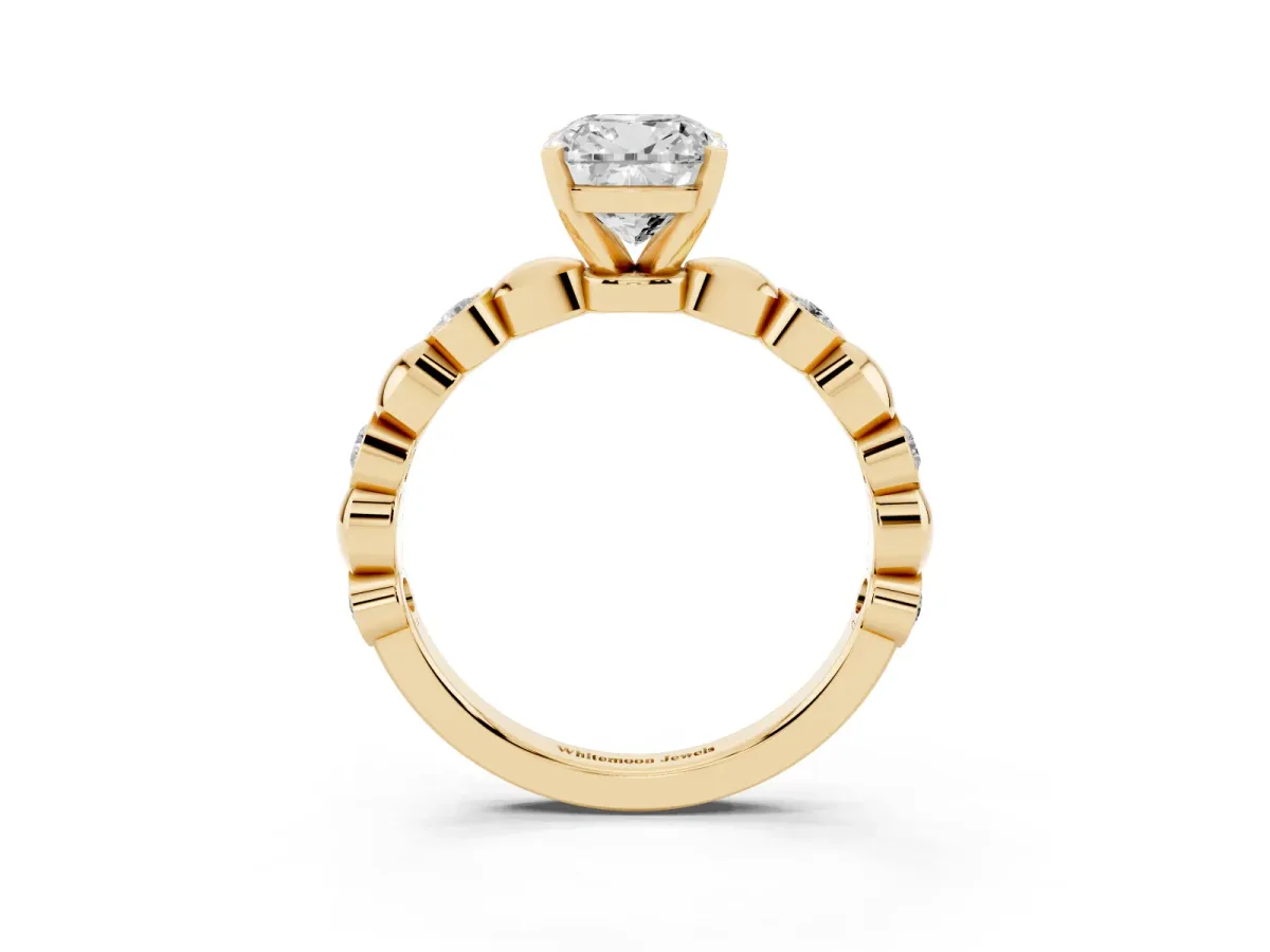 Cushion Cut Solitaire Bezel-Set Diamond Ring with Beaded Band and Four-Prong Setting Yellow gold
