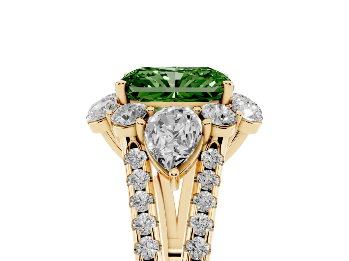 Fancy Green Radiant Cut Halo Split Shank Diamond Engagement Ring with Prong Setting Yellow gold