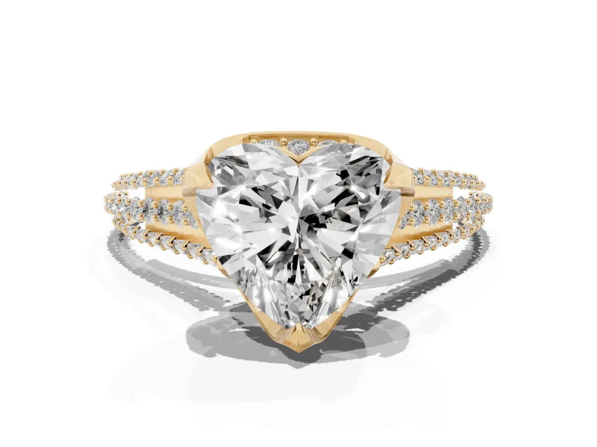 Heart Cut Solitaire Pave Split Shank Ring with Four-Prong Setting Yellow gold