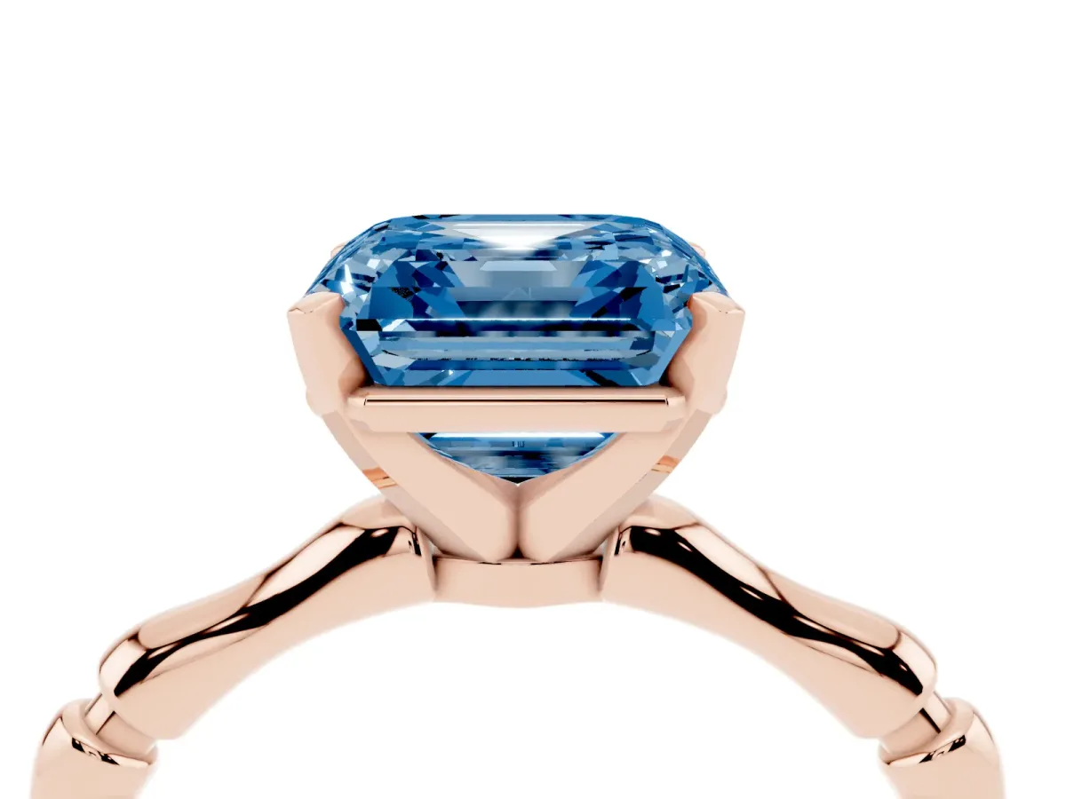 Fancy Blue Asscher Cut Solitaire Diamond Ring with Bamboo Band and Four-Prong Setting Rose gold