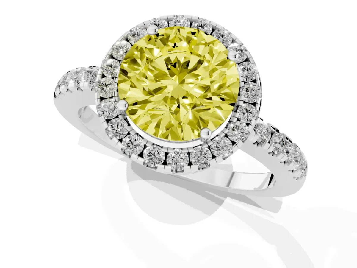 Fancy Yellow Round Cut Halo Diamond Engagement Ring with Pavé Band and Four-Prong Setting Silver