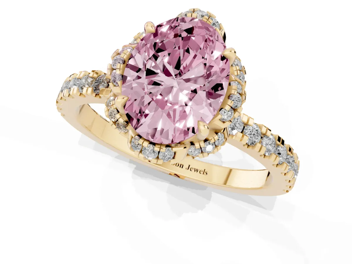 Fancy Pink Oval Cut Halo Diamond Pave Band Ring with Four-Prong Setting Yellow gold