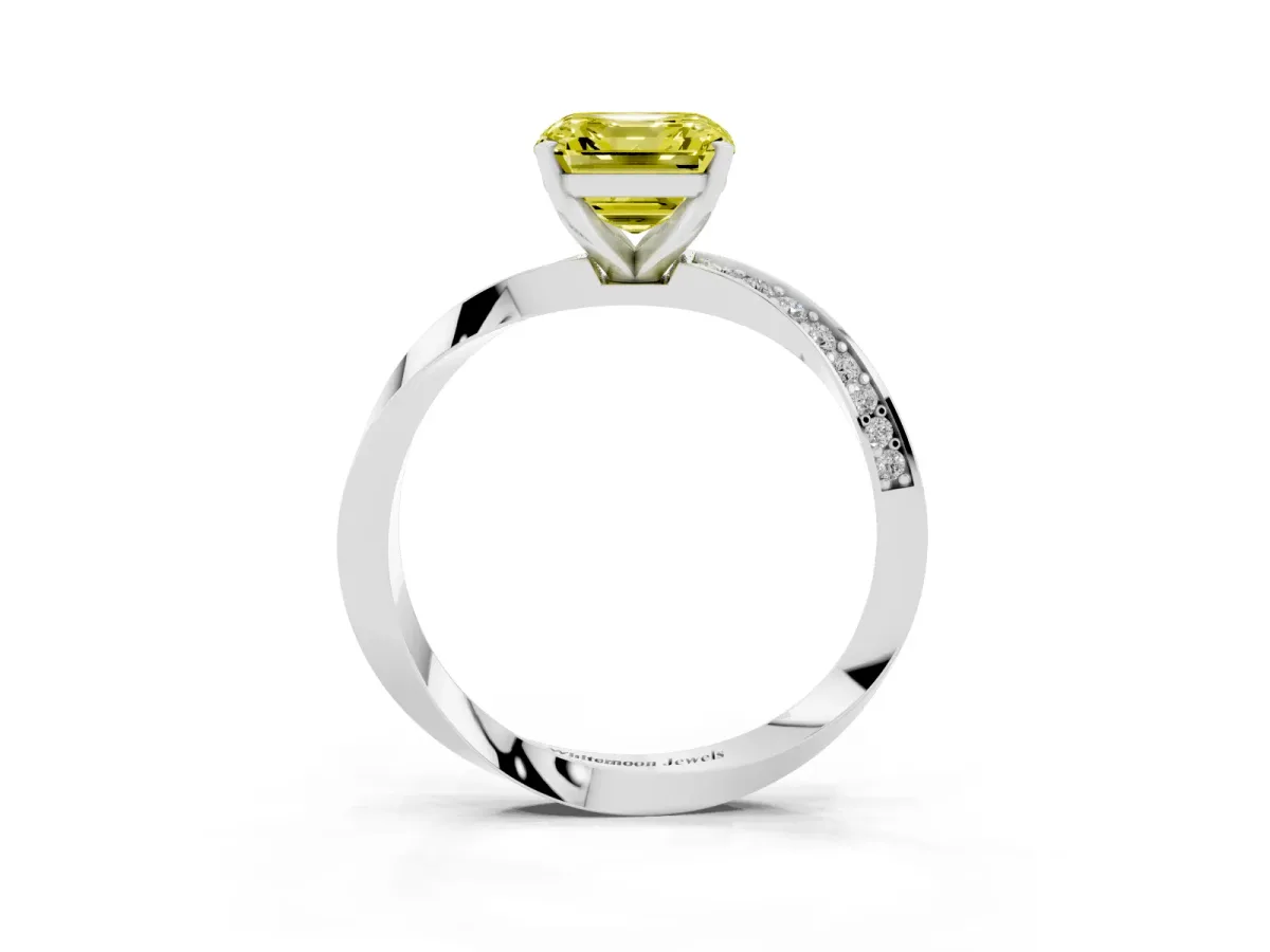 Fancy Yellow Asscher Cut Diamond Engagement Ring with Side Stone Accents and Four-Prong Setting Silver