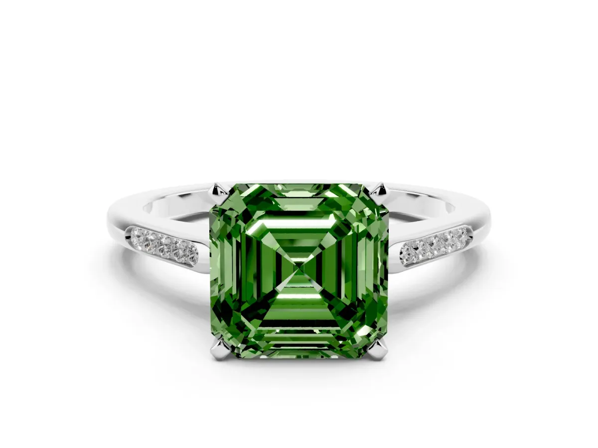 Fancy Green Asscher Cut Diamond Solitaire Ring with Channel Set Round Band and Prong Setting Silver