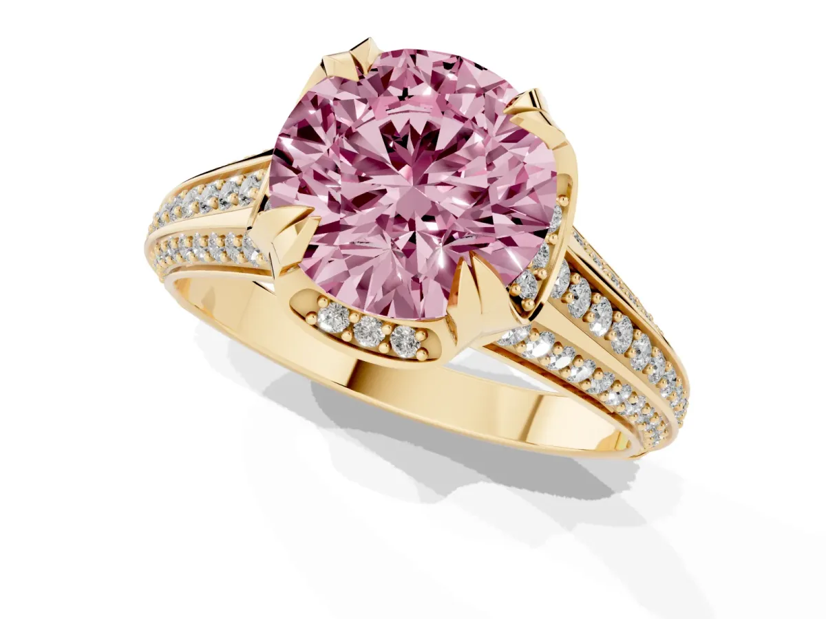 Fancy Pink Round Cut Solitaire Pave Split Shank Ring with Four-Prong Setting Yellow gold
