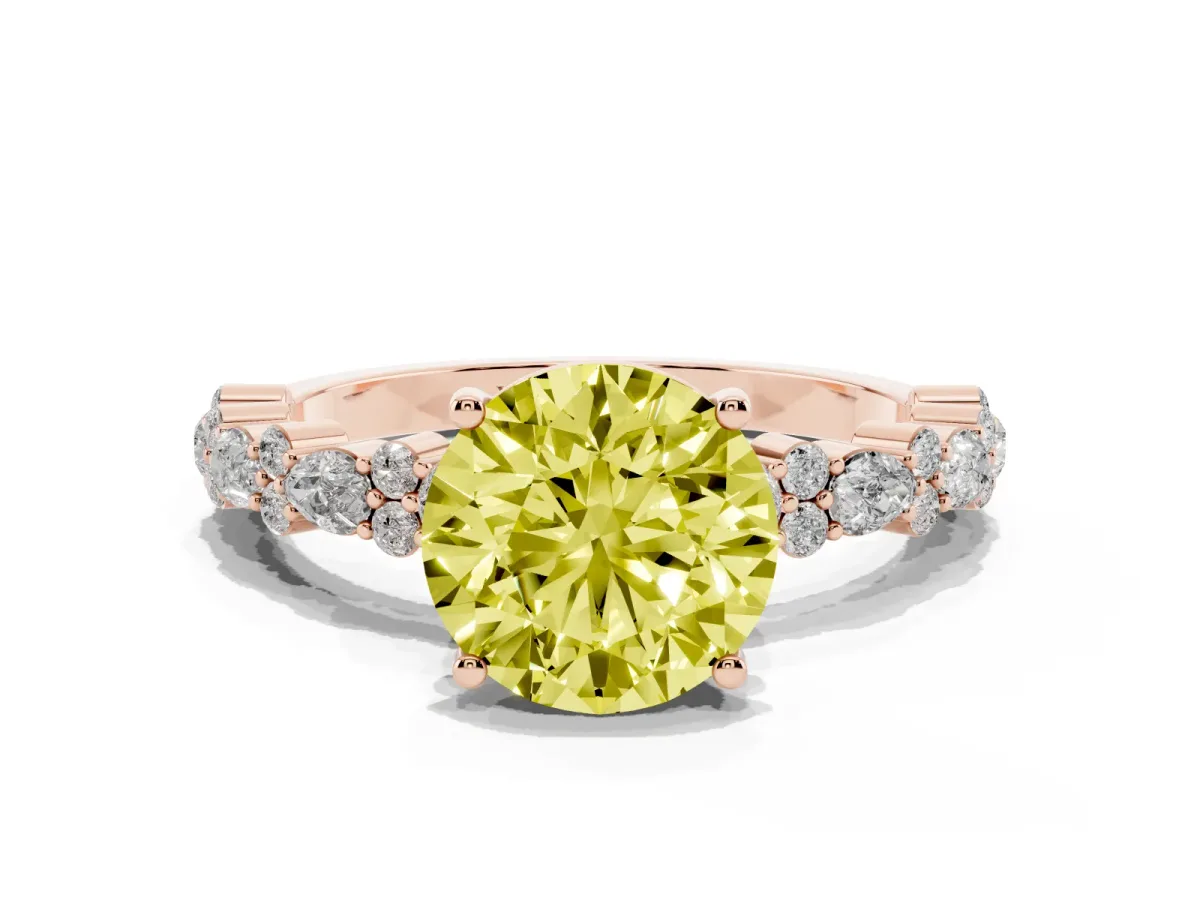 Fancy Yellow Round Cut Diamond Side Stone Solitaire Ring with Round and Four-Prong Setting Rose gold