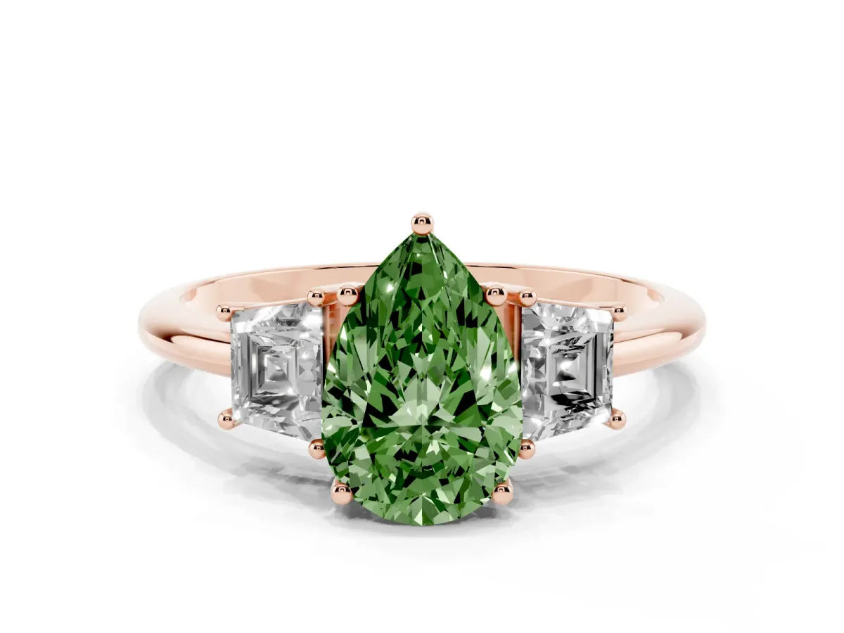 Fancy Green Pear Cut Diamond Three-Stone Ring with Trapezoid Side Stones and Prong Setting Rose gold