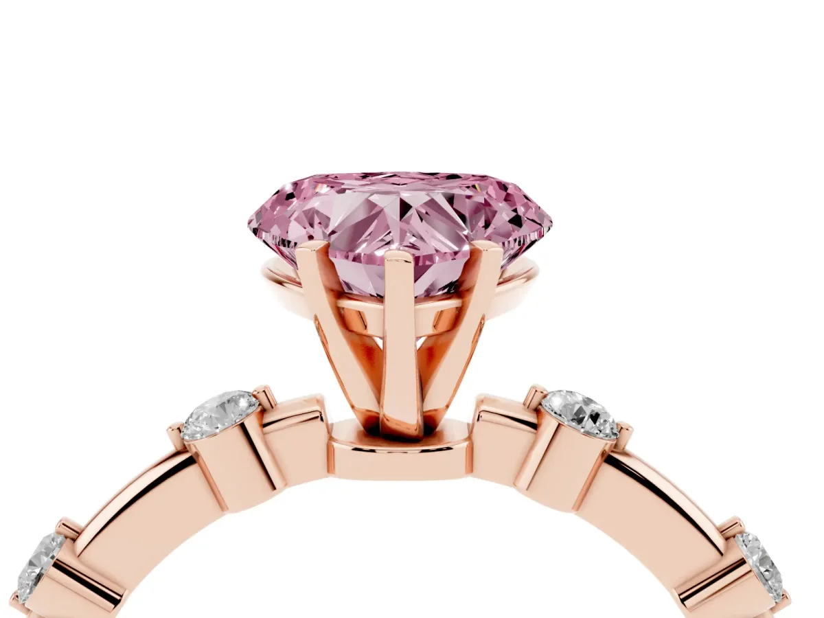 Fancy Pink Heart Cut Solitaire Diamond Ring with Bezel Set Side Stones and Prong Setting Rose gold