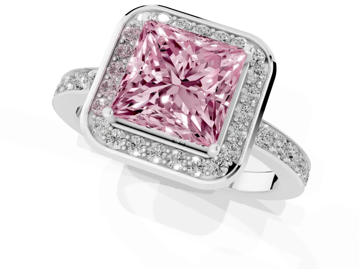 Fancy Pink Princess Cut Diamond Halo Ring with Bezel Frame and Pavé Band Platinum