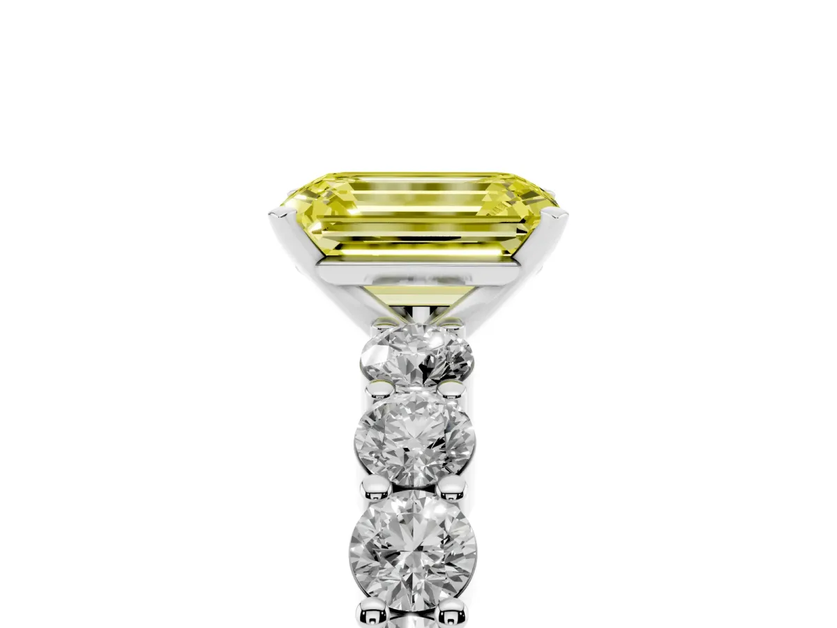 Fancy Yellow Emerald Cut Diamond Solitaire Ring with Shared Prong Round Side Stones Platinum
