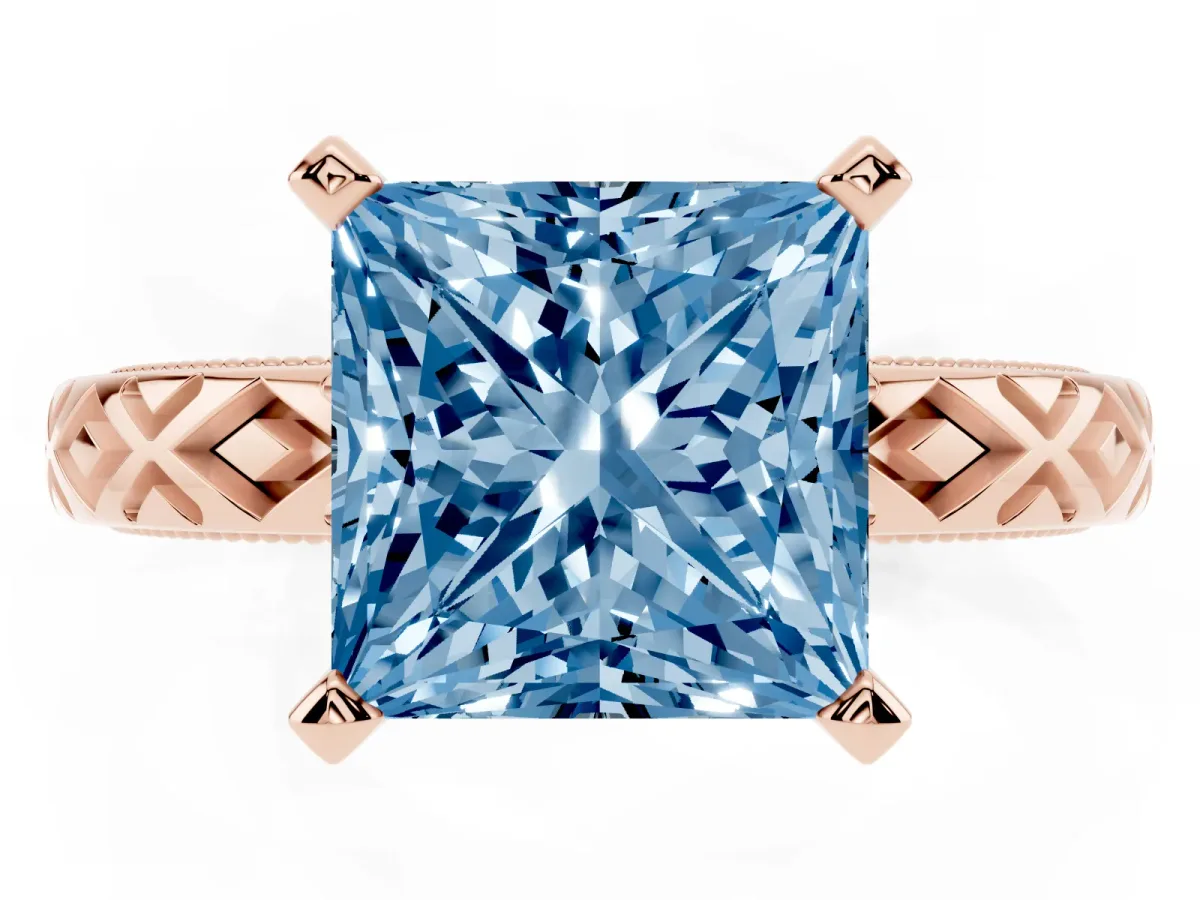 Fancy Blue Princess Cut Solitaire Diamond Ring with Milgrain and Black Enamel X Pattern Band Rose gold