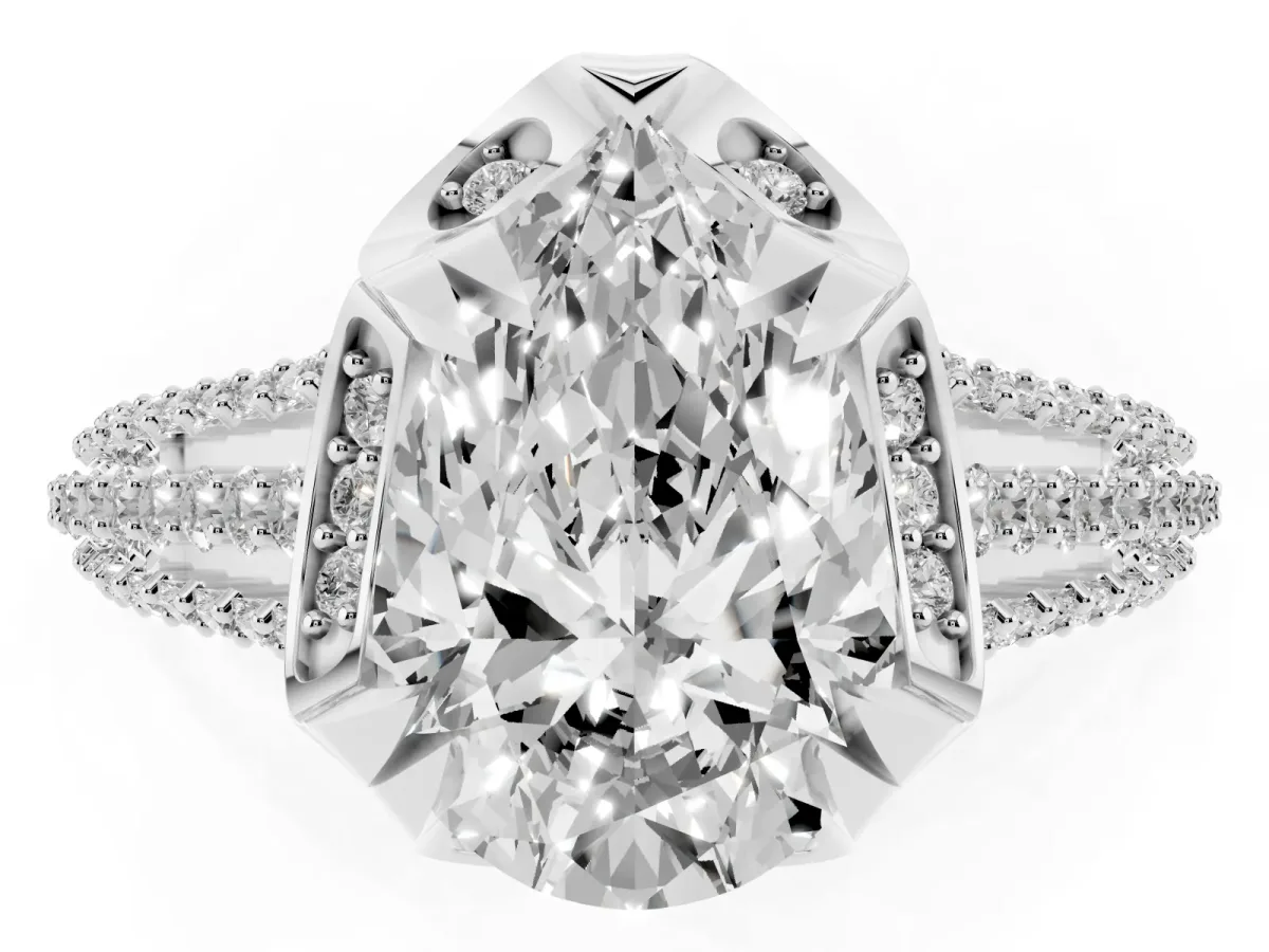 Pear Cut Solitaire Pave Split Shank Ring with Four-Prong Setting Silver