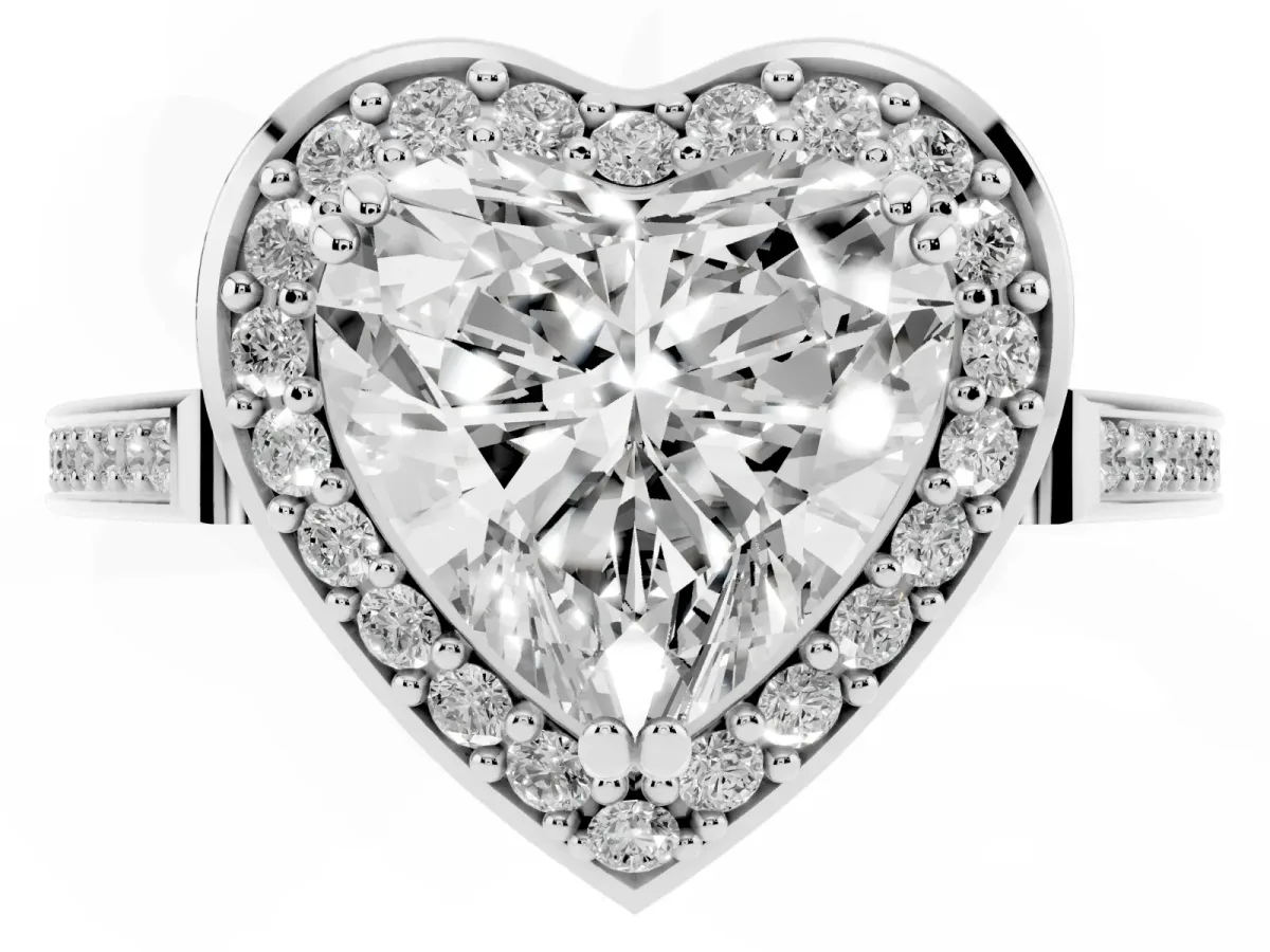 Heart Cut Diamond Halo Ring with Split Shank and Four-Prong Setting Silver