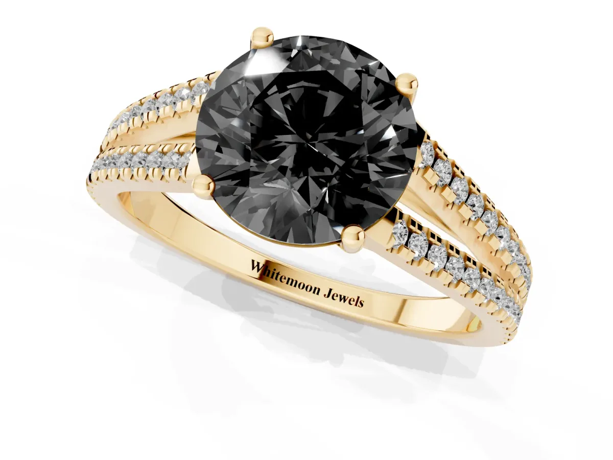 Fancy Black Round Cut Diamond Solitaire Engagement Ring with Split Shank Pavé Band Yellow gold