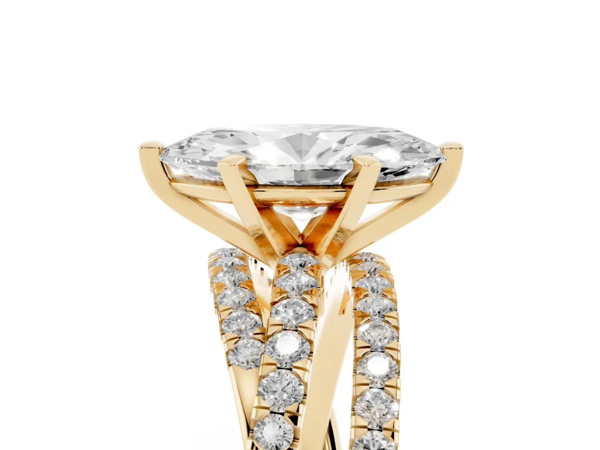 Marquise Cut Solitaire Twist Band with Pavé Setting and Four-Prong Setting Yellow gold