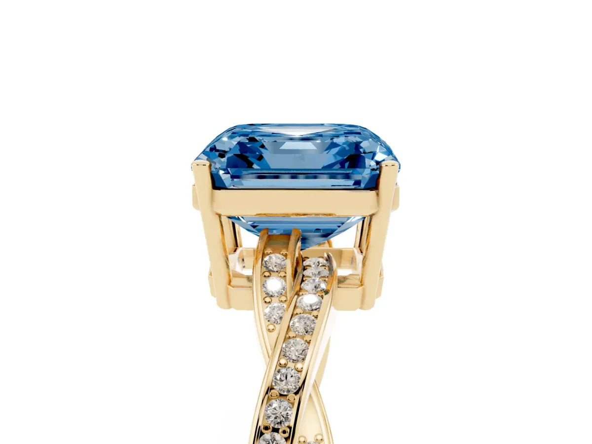 Fancy Blue Asscher Cut Solitaire Twisted Pave Diamond Ring with Four-Prong Setting Yellow gold