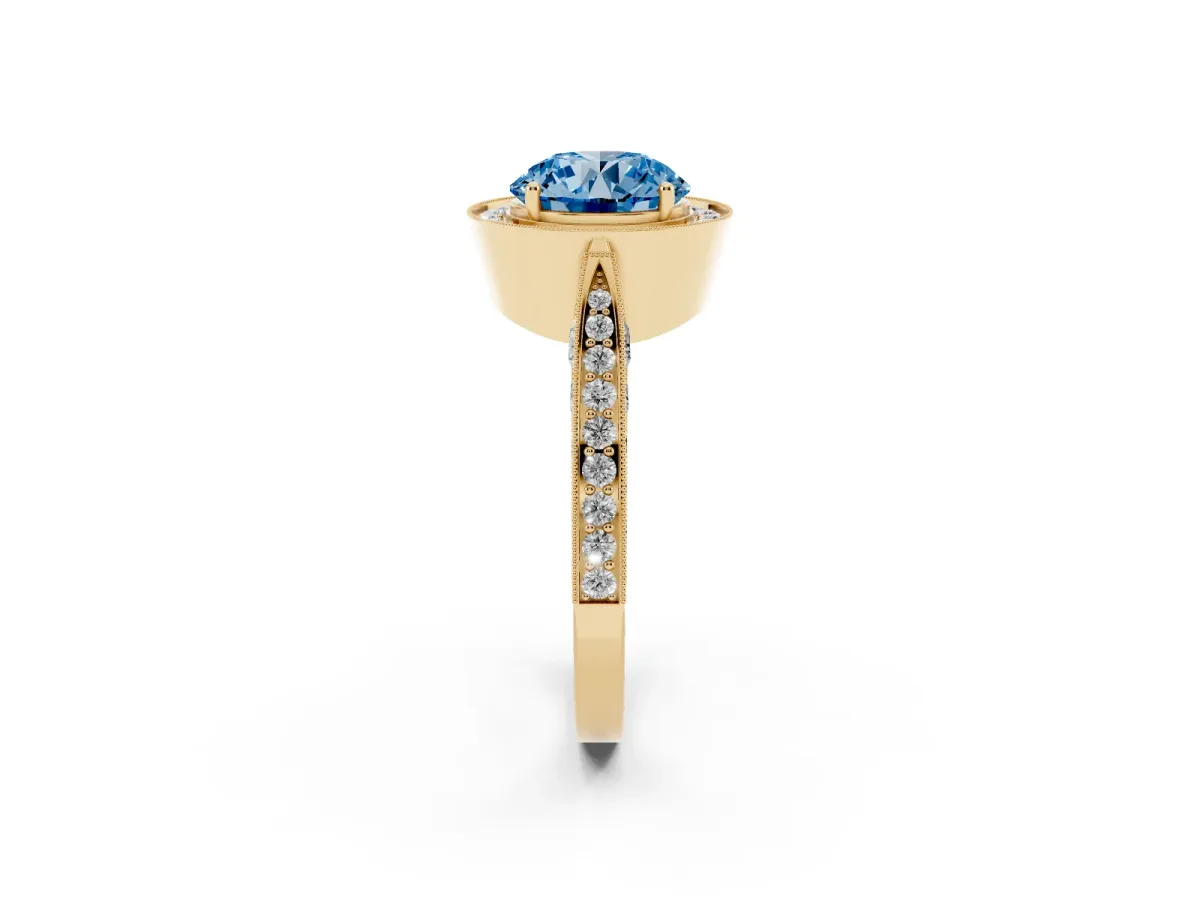 Fancy Blue Round Cut Halo Diamond Engagement Ring with Split Shank Band and Four-Prong Setting Yellow gold