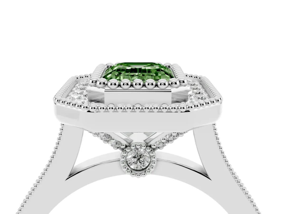 Fancy Green Emerald Cut Diamond Halo Ring with Milgrain Frame and Pavé Band Silver
