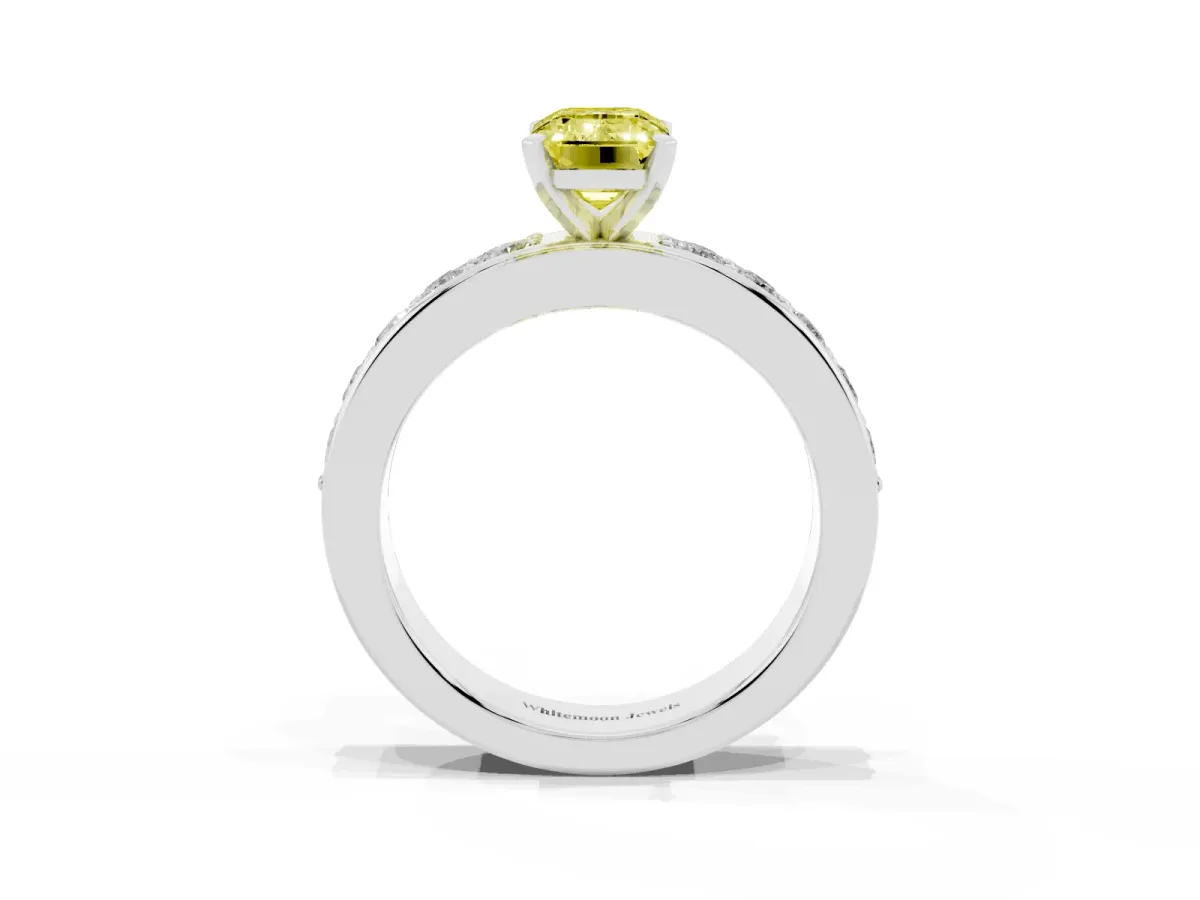 Fancy Yellow Emerald Cut Diamond Engagement Ring with Channel Set Round Band and Prong Setting Platinum