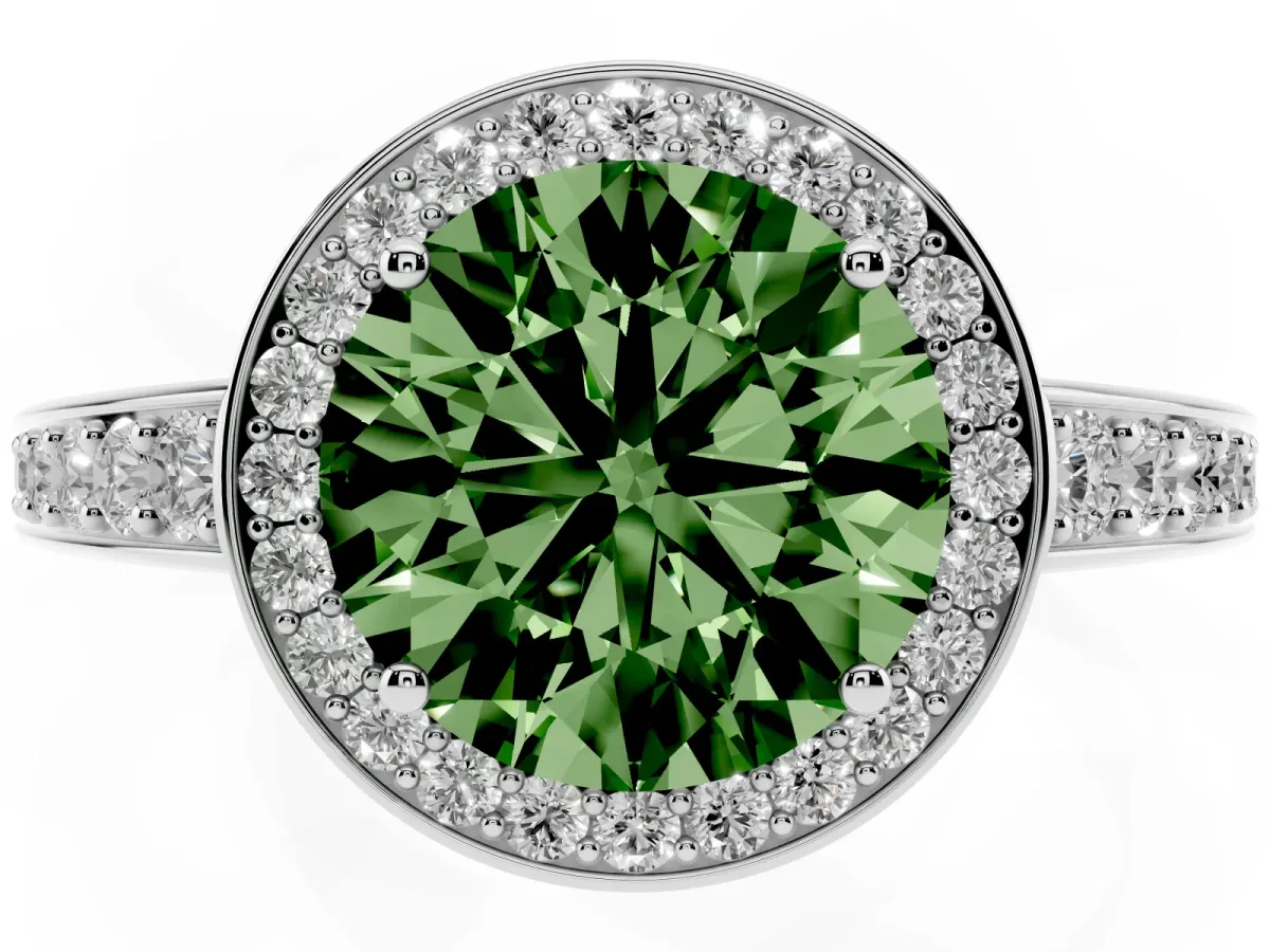 Fancy Green Round Cut Halo Pavé Diamond Engagement Ring with Bezel Setting Silver