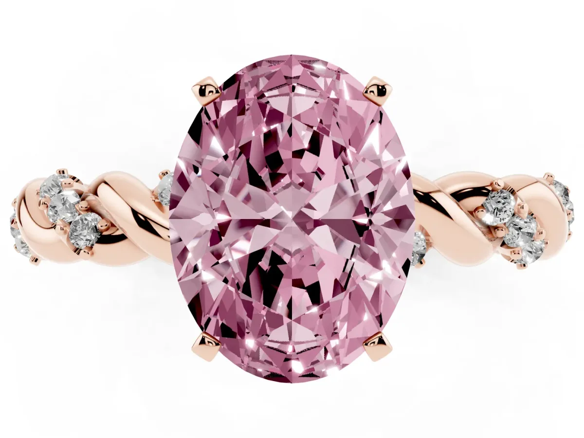 Fancy Pink Oval Cut Diamond Solitaire Ring with Twisted Band and Pavé Accents Rose gold