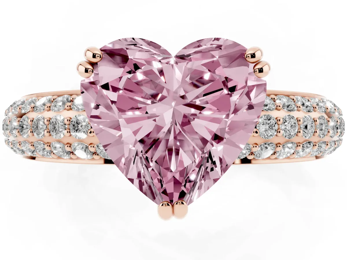 Fancy Pink Heart Cut Diamond Solitaire Ring with Multi-Row Round Pavé Band and Prong Setting Rose gold
