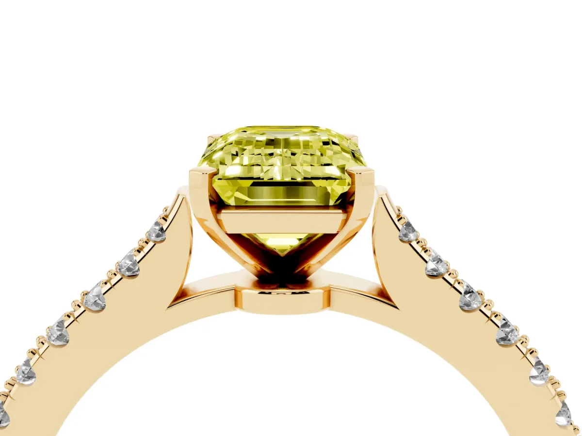 Fancy Yellow Emerald Cut Cut Solitaire Diamond Engagement Ring with Pave Band and Four-Prong Setting Yellow gold