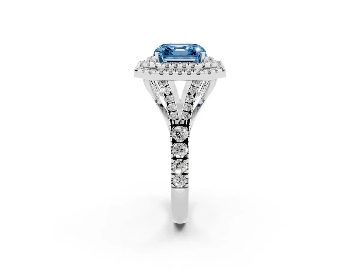 Fancy Blue Asscher Cut Diamond Pavé Split Shank Double Halo Engagement Ring Silver
