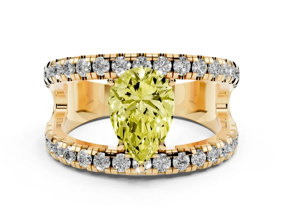 Fancy Yellow Pear Cut Solitaire Split Shank Pave Diamond Ring Yellow gold