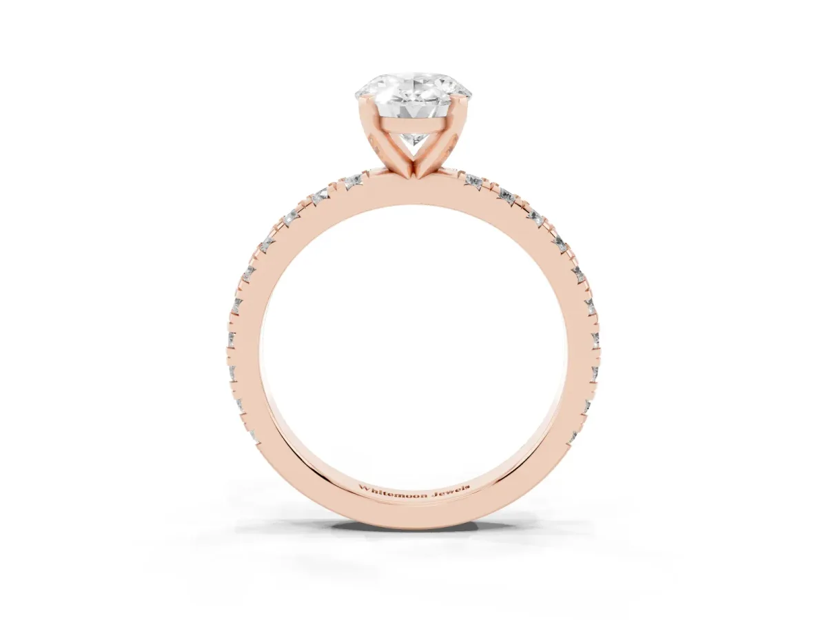 Oval Cut Diamond Pavé Band Solitaire with Four-Prong Setting Rose gold