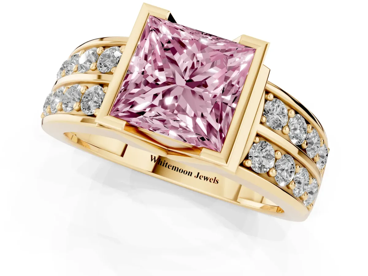 Fancy Pink Princess Cut Brilliant Diamond Channel Set Wide Band Ring with Bezel Setting Yellow gold